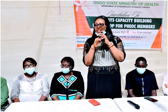 Permanent Secretary, Ministry of Health, Pharmacist Folukemi Aladenola (2ndR), addressing participants at a 2-day Capacity Building Workshop organised by the Department of Epidemiology and Disease Control of the Ministry of Health, held in  Akure.  With her are Director of Medical Services, Hospitals Management Board, Dr. Johnson Babatola (R), Director of Accounts, Mrs. Joyce Ogundipe (2nd L) and Deputy Director, Public Health, Mrs. Rosemary Falokun