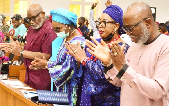 From left:  Ondo State Governor, Arakunrin Oluwarotimi Akeredolu, his wife, Betty, wife of Olubaka of Oka, Olori Taye Adeleye  and Deputy Governor, Mr Lucky Aiyedatiwa at a prayer session, during the first Sunday service held at the Chapel of Grace, Government House Ground in Akure… yesterday                                                                                                                                  Photo: Peter Oluwadare