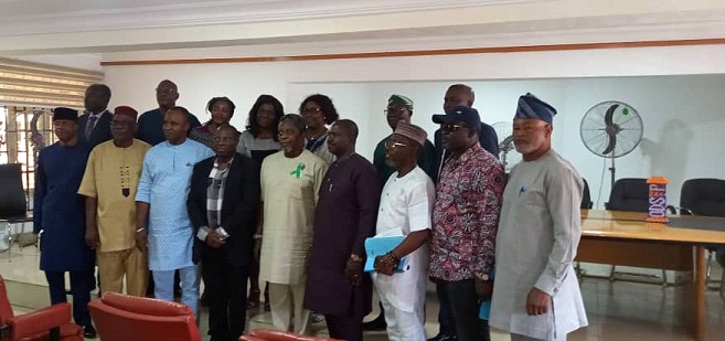 Commissioner for Finance, Mr Wale Akinterinwa (M), Chairman, House Committee on Finance and Appropriation, Mr Sunday Olajide and other members of the committee during a visit