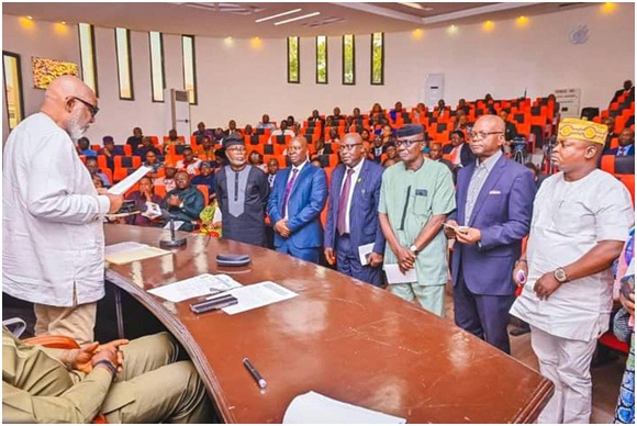 From left: Ondo State Governor, Arakunrin Oluwarotimi Akeredolu, inaugurating members of the State Human Capital Development Steering Committee, at the Cocoa Conference Hall of the  Governor's office, Akure, yesterday. They are: Deputy Governor, Mr Lucky Aiyedatiwa, Commissioner for Economic Planning and Budget, Pastor Emmanuel Igbasan, Head of Service, Pastor John Adeyemo, Commissioner for Health, Mr Banji Awolowo Ajaka, Commissioner for Education, Pastor Femi Agagu, Commissioner for Youths and Sports Development, Mr Bamidele Ologun and others.						 	Photo: Peter Oluwadare