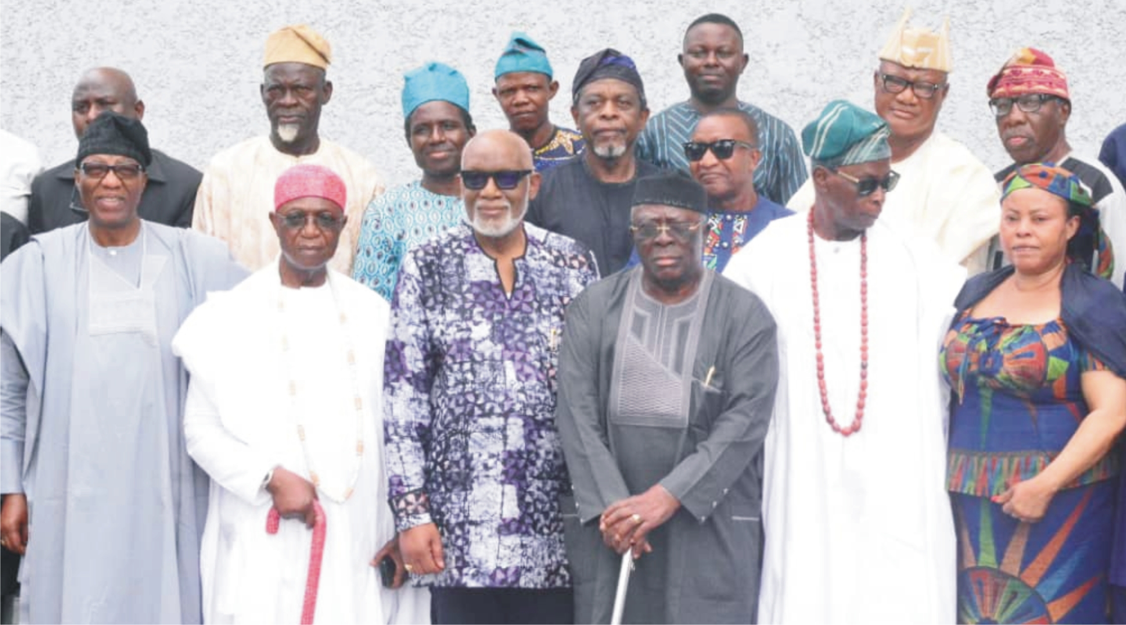 From left: Former Ogun State Governor and member, Yoruba Socio-Cultural Group, Afenifere, Otunba Gbenga Daniel, Deputy National Leader of the Group and Olu of Alago Kajola, Oba Oladipo Olaitan, Ondo State Governor, Arakunrin Oluwarotimi Akeredolu, National Leader of the group, Chief Ayo Adebanjo, former Secretary to Government of the Federation (SGF) and member, Chief Olu Falae, Secretary to Ondo State Government, Princess Oladunni Odu and other dignitaries, after a condolence visit to the Governor in his office yesterday, over the massacre of worshippers at the St. Francis Catholic Church in Owo last Sunday