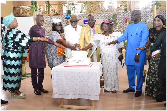 From left: Secretary to Ondo State Government (SSG), Princess Oladunni Odu, ODHA Deputy Speaker, Mr Samuel Aderoboye, celebrant's daughter, Adetola Adeyemo, Governor Oluwarotimi Akeredolu, outgoing Head of Service, Pastor John Adeyemo, his wife Ayo, Chief of Staff to the Governor, Chief Olugbenga Ale and his wife, Folashade cutting the 60th birthday and retirement cake of Pastor Adeyemo in Akure ... yesterday