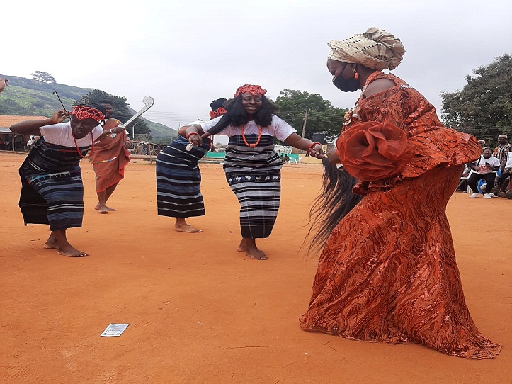 Ondo NYSC Coordinator, Mrs. Victoria Nnenna Ani displaying some dancing steps during a cultural presentation by 8 platoon during a carnival held at NYSC Permanent Orientation Camp, Ikare-Akoko in Ondo State