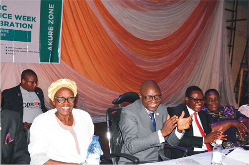 From left: Permanent Secretary, Office of Establishment, Governor's Office, Mrs Dare-Atunse, Head of Service, Pastor Kayode Ogundele, Permanent Secretary, State Information Technology Agency (SITA), Dr Niran Ikuomola and her counterpart for Education, Mrs Folasade Adegoke at the 2022 Public Service Week celebration held in Akure …yesterday                                                                                                                              Photo: Ayodele Suberu