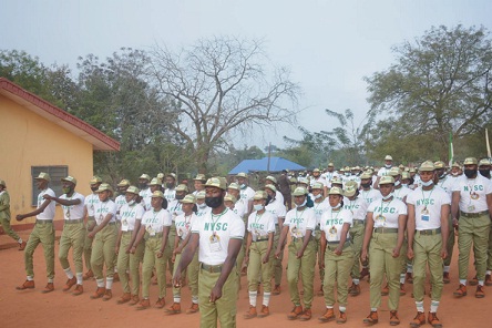 2022 Batch 'C' (Stream 1) Corps Members in a march past during the closing ceremony of the  orientation course at the NYSC Orientation Camp, Ikare-Akoko