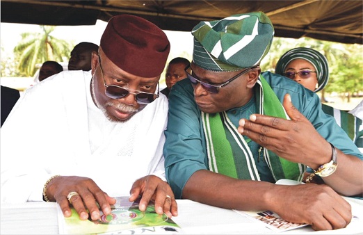 From left: Ondo State Deputy Governor, Mr Lucky Aiyedatiwa who represented the State Governor, Arakunrin Oluwarotimi Akeredolu, discussing with Chief of Staff to the Governor, Chief Olugbenga Ale, at the 60th Anniversary of The New Church Grammar School ( NCGS ), Owo at the weekend