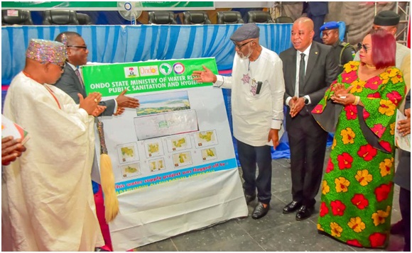 left: Deji of Akure and Chairman, Ondo State Council of Obas, Oba Aladetoyinbo Ogunlade Aladelusi, Director General of Nigeria, African Development Bank, Mr Lamin Barrow, Ondo State Governor, Arakunrin Oluwarotimi Akeredolu, Commissioner for Water and Sanitation, Mr Fatai Aburumaku and Secretary to the State Government, Princess Oladunni Odu, during the official flag off of Water supply project, held at the International Culture and Event Center (The Dome) in Akure..... Yesterday			Photo: Peter Oluwadare
