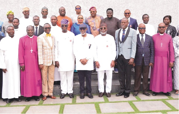 Front row: From left: Chairman, Christian Association Nigeria, CAN, Ondo State chapter, Rev. Fr. Anselm Ologunwa, ArchBishop of Ondo Province and Diocesan Bishop of Akure, Most Rev (Dr) Simon Borokini, Head of Service, Pastor Kayode Ogundele, Chief of Staff to the Governor, Chief Olugbenga Ale, Governor Oluwarotimi Akeredolu, Deputy Governor, Mr Lucky Aiyedatiwa, Speaker, Ondo State House of Assembly, Mr Bamidele Oleyelogun, State Acting Chief Judge, Justice Olusegun Odusola, Bishop of Owo Anglican Diocese, Rt. Rev. Stephen Fagbemi and other dignitaries, during the 2023 annual prayer meeting held at the Governor's office premises  in Akure..... yesterday    									  Photo: Peter Oluwadare