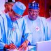 From left: President Muhammadu Buhari signing the 2023 Budget into Law at the State House in Abuja, while Senate President, Ahmad Lawan and Speaker, House of Representatives, Hon. Femi Gbajabiabiamila watch…yesterday