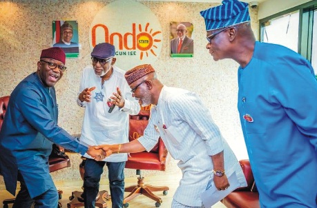 From left: Former Ekiti State Governor, Dr Kayode Fayemi Ondo State Governor, Arakunrin Oluwarotimi Akeredolu, Deputy Governor, Mr Lucky Aiyedatiwa and Chief of Staff to the Governor, Chief Olugbenga Ale, in an exciting mood, during a courtesy visit by Fayemi to the Governor's office in Akure