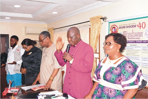 From left: Diocesan Chancellor, Justice Yemi Akintan Osadebay, Chairman, Anniversary Planning Committee, Mr Joseph Agbelusi, Bishop of Akure Anglican Diocese and Archbishop of Ondo Ecclesiastical Province, Most Revd Simeon Borokini and his wife, Christianah, during the 10th  consecration/40th  inauguration anniversaries press briefing held in Akure                                           Photo: Ayodele Suberu