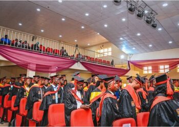 Cross section of graduands at maiden convocation ceremony of Olusegun Agagu University of Science and Technology (OAUSTECH)							Photo: Peter Oluwadare