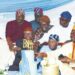 Front row: From left: Afenifere Chieftain, Basorun Seinde Arogbofa, former Ondo State Governor, Dr Olusegun Mimiko, Afenifere National Leader, Pa Reuben Fasoranti, Oluresi of Iresi, Oba Olajide David and other dignitaries at the cutting of the cake to celebrate Pa Fasoranti's 97th birthday at his residence in Akure …yesterday