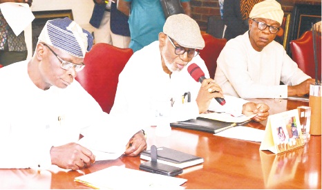 From left: Chief of Staff to ondo State Governor, Chief Olugbenga Ale, Governor Oluwarotimi Akeredolu and Special Adviser to the Governor on Special Duties and Union Matters, Mr Dare Aragbaiye at the meeting                          
										Photo: Peter Oluwadare