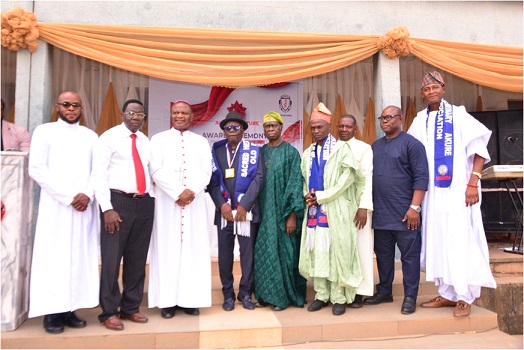 From left: Rector, Sacred Heart Minor Seminary, Rev FR Leo Aregbesola, a member of the old student,  Bade Daramola, Bishop, Catholic Diocese of Ondo and Proprietor of the School, Most Rev  (Dr) Jude Arogundade, Guest Lecturer,  Femi Falana (SAN), Chairman of the occasion, Ajakaye Adewole (rtd), Prof. Emmanuel Onijigin, Rev Fr Dominic Adeosun, Dr Paul Folorunso and National President, Sacred Heart Seminary Akure Old Boys Association, Mr Dominic Alade Dominic at the event                                              Photo: Ayodele Suberu