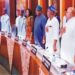 Ondo State Acting Governor, Mr Lucky Aiyedatiwa (R), Osun State Governor, Mr Ademola Adeleke (2ndR) and other participants at the National Economic Council (NEC) meeting presided over by Vice President, Kashim Shettima at the Council Chamber of the Presidential Villa, Abuja