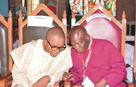 From left: Special Adviser to Ondo State Governor on Union Matters and Special Duties, Mr Dare Aragbaiye, discussing with ArchBishop  of OndoAnglican Province, Diocesan Bishop and President of Synod, Most Revd Simeon Borokini, during the 14th Synod of Akure Diocese of Akure Anglican Church, held at the weekend
                                                    							     Photo: Ayodele Suberu