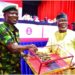 From left: Chief of Army Staff, Lieutenant Gen. Taoreed Lagbaja, presenting a gift to the Ondo State Acting Governor, Mr Lucky Aiyedatiwa, at the opening of the Nigerian Army Combat Support Arms Training Week, COSAT 2023, held at the International Culture and Events Centre (The Dome), in Akure... yesterday