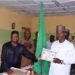From left: Chairman , Board of Trustee, Mr Isiaka Kilani, presenting Certificate and Staff of Office, to the re-elected Chairman of the Association, Mr Obolo Adekunle Olarewaju, while others watch at the ceremony…yesterday 									Photo: Ayodele Suberu