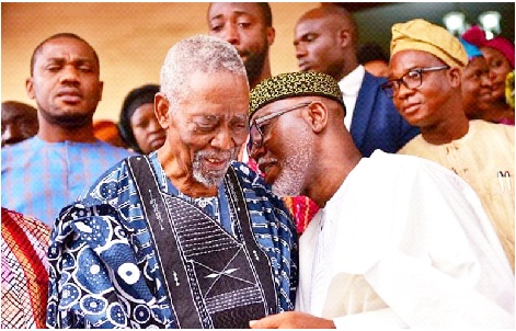 From left: A chieftain of Afenifere, Bashorun Seinde Arogbofa, being consoled by Ondo State Acting Governor, Mr Lucky Aiyedatiwa while others watch, during the commendation service for his late wife, Chief (Mrs.) Elizabeth Oluwakemi Arogbofa, held at the Ebenezer African Church, Akure... yesterday