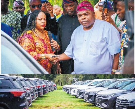 From left: Secretary to the Ondo State Government, SSG, Princess Oladunni Odu, who represented the State Governor, State  Chairman of the All Progressives Congress, APC, Mr Ade Adetimehin, Speaker, Mr Olamide Oladiji and others, during the presentation of official vehicles to the 10th Assembly lawmakers at the Government House in  Akure                                                                               Photo: Peter Oluwadare