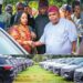 From left: Secretary to the Ondo State Government, SSG, Princess Oladunni Odu, who represented the State Governor, State  Chairman of the All Progressives Congress, APC, Mr Ade Adetimehin, Speaker, Mr Olamide Oladiji and others, during the presentation of official vehicles to the 10th Assembly lawmakers at the Government House in  Akure                                                                               Photo: Peter Oluwadare