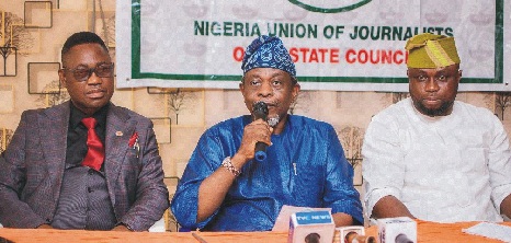 From left: Permanent Secretary, Ministry of Finance, Mr Jide Ekpobomini, Finance Commissioner, Mr Wale Akinterinwa and Chairman, Nigeria Union of Journalists (NUJ), Ondo State Council, Prince Leke Adegbite, at the media parley in Akure…yesterday
