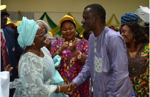 Wife of former Governor of Ondo State, Mrs Olufunke Agagu with the State Commissioner for Justice and Attorney General, Sir, Charles Titiloye during the colloquium celebrating the 10th remembrance of the late governor, Dr. Olusegun  Agagu, yesterday    Pix Stephen Olajide