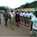 The permanent secretary, Ondo State Ministry of Youth and Sports Development, Mrs Foluke Tunde-Daramola inspecting Corps members at the NYSC Orientation Camp in Ikare-Akoko